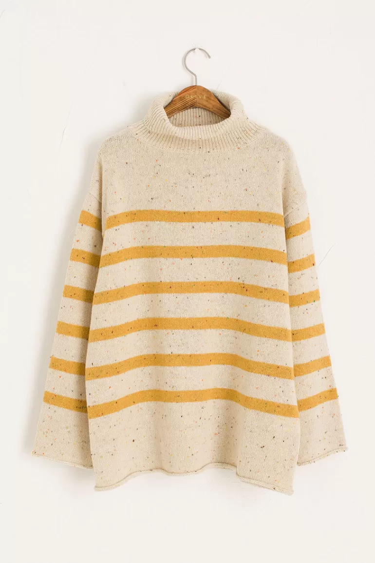 Women Olive Clothing Oversize Stripe Boucle Roll Neck Jumper, Ivory/Mustard