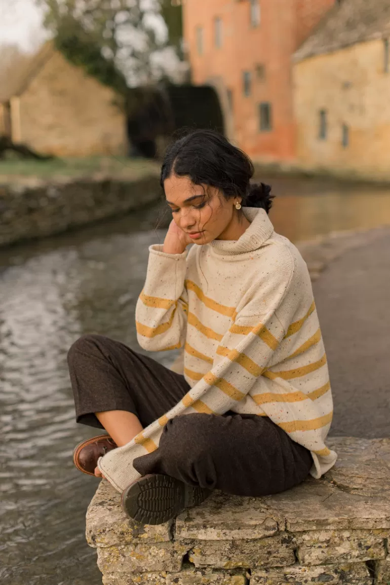 Women Olive Clothing Oversize Stripe Boucle Roll Neck Jumper, Ivory/Mustard