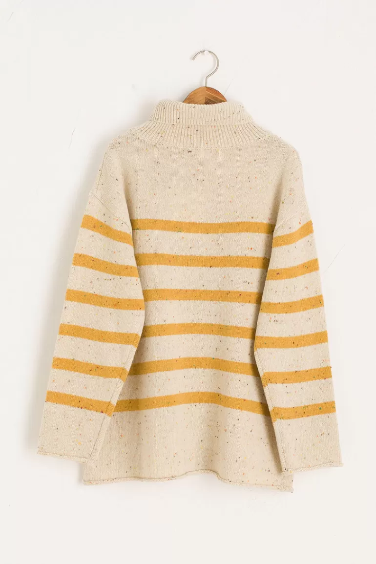 Women Olive Clothing Oversize Stripe Boucle Roll Neck Jumper, Ivory/Mustard