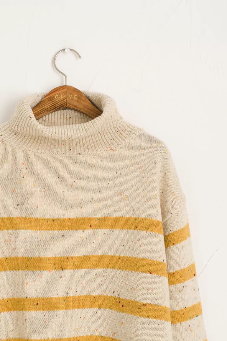 Women Olive Clothing Oversize Stripe Boucle Roll Neck Jumper, Ivory/Mustard