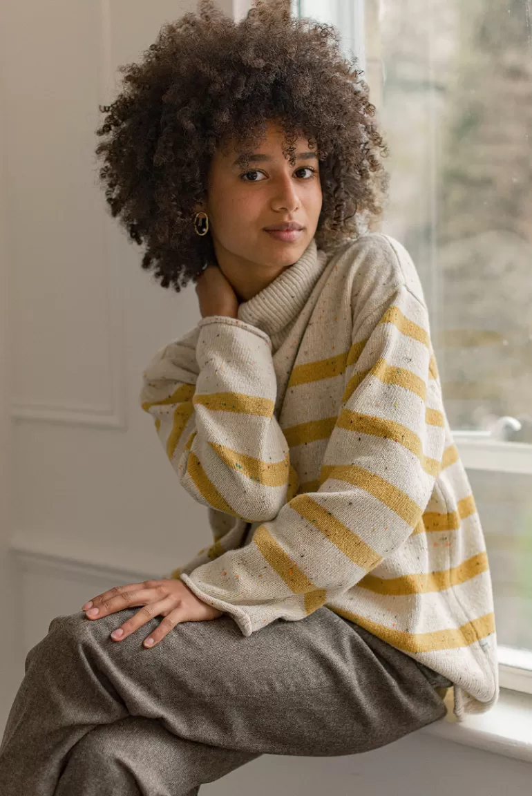 Women Olive Clothing Oversize Stripe Boucle Roll Neck Jumper, Ivory/Mustard