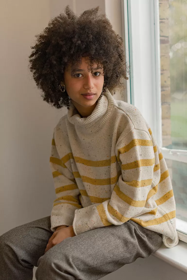 Women Olive Clothing Oversize Stripe Boucle Roll Neck Jumper, Ivory/Mustard