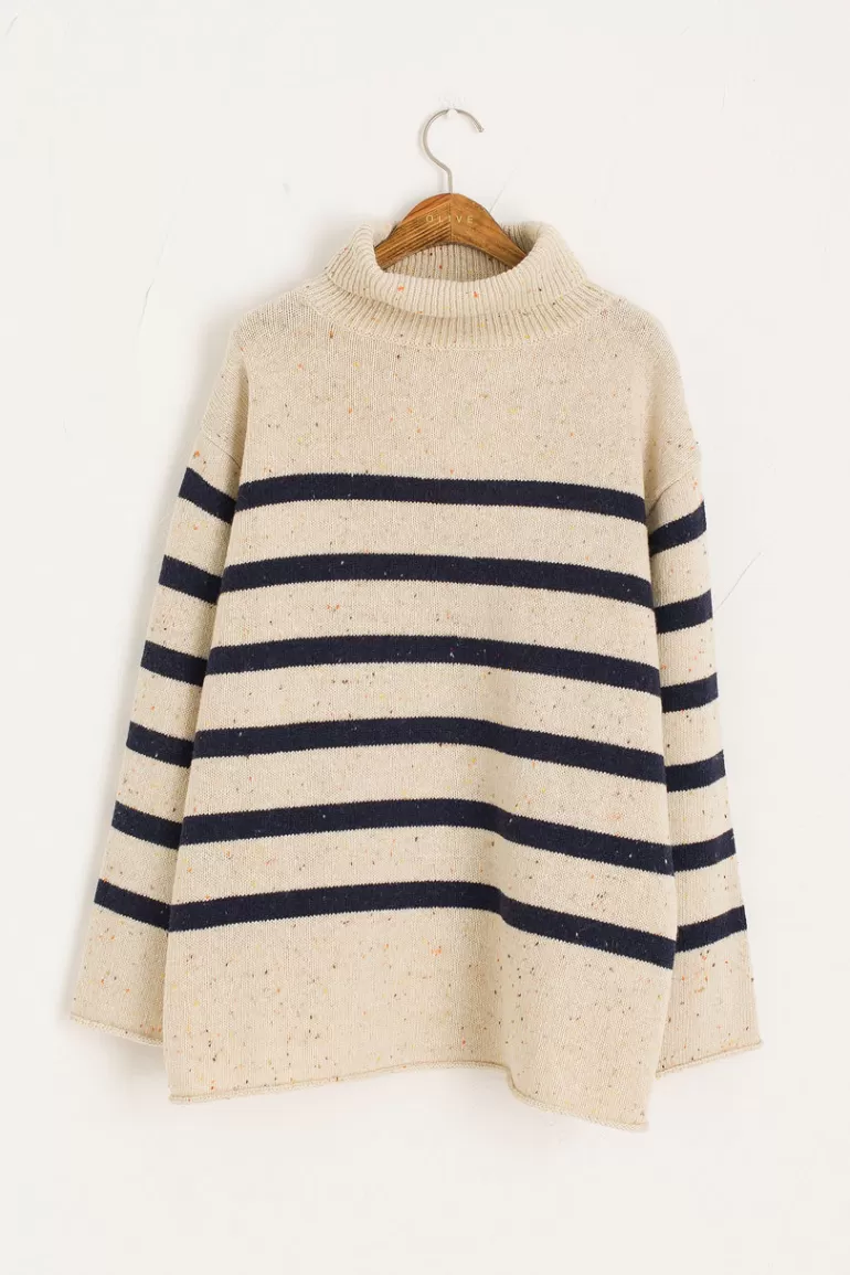 Women Olive Clothing Oversize Stripe Boucle Roll Neck Jumper, Ivory/Navy