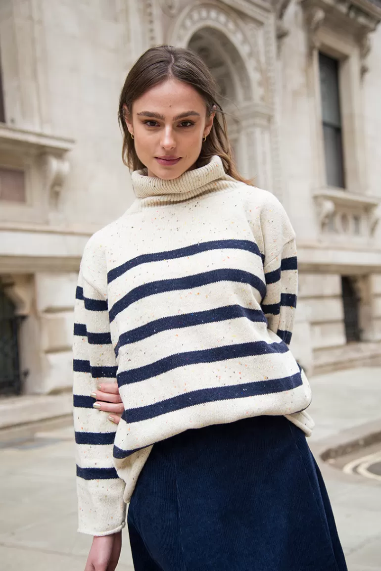Women Olive Clothing Oversize Stripe Boucle Roll Neck Jumper, Ivory/Navy