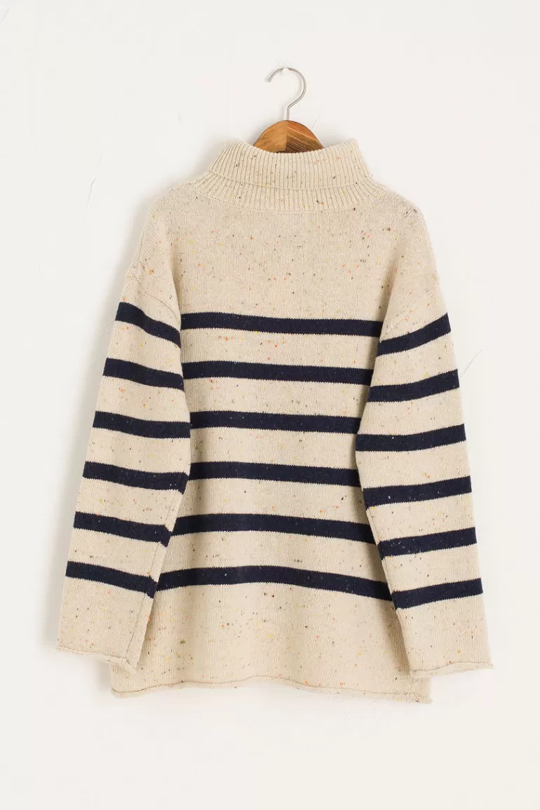 Women Olive Clothing Oversize Stripe Boucle Roll Neck Jumper, Ivory/Navy