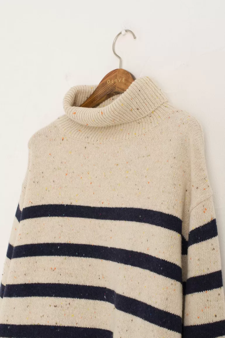Women Olive Clothing Oversize Stripe Boucle Roll Neck Jumper, Ivory/Navy
