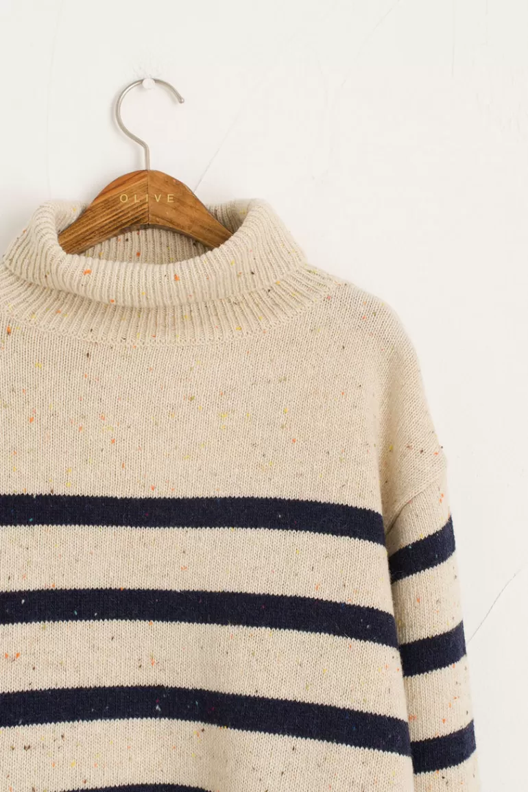 Women Olive Clothing Oversize Stripe Boucle Roll Neck Jumper, Ivory/Navy