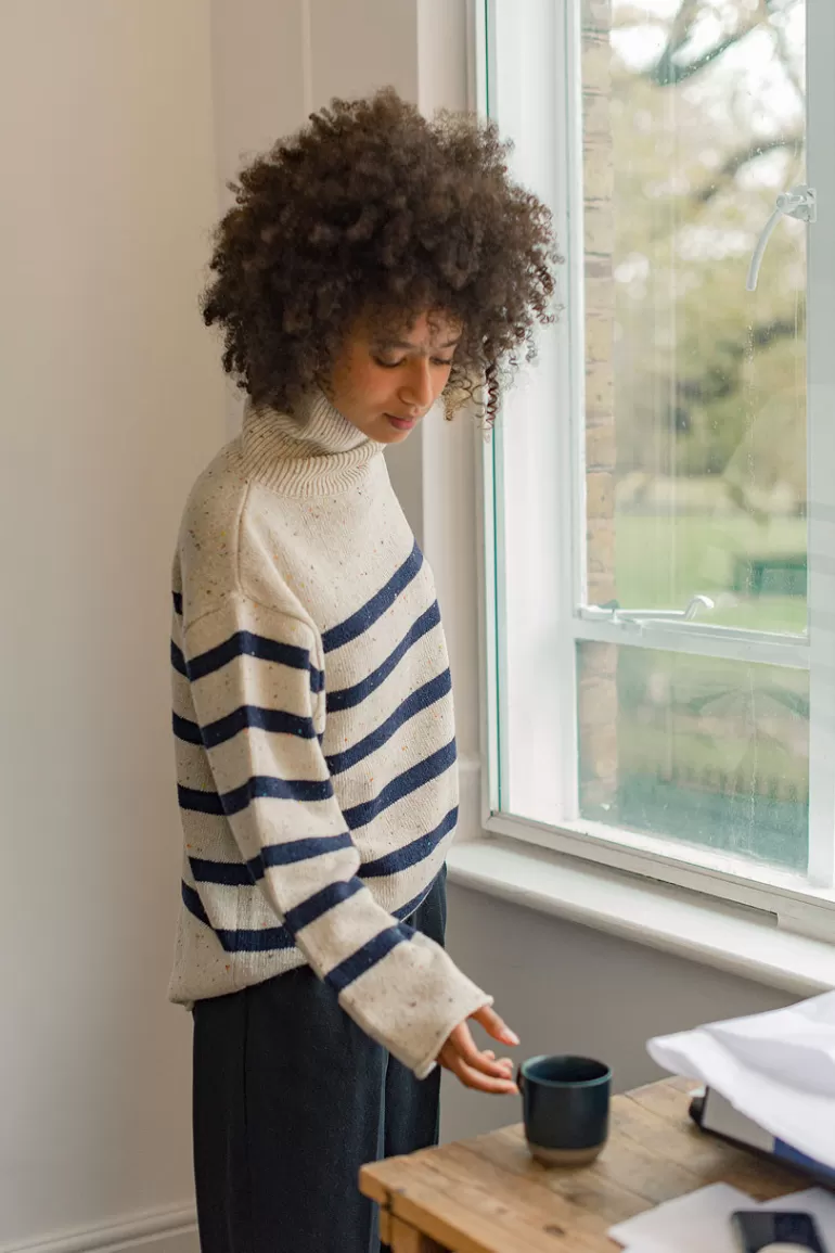Women Olive Clothing Oversize Stripe Boucle Roll Neck Jumper, Ivory/Navy