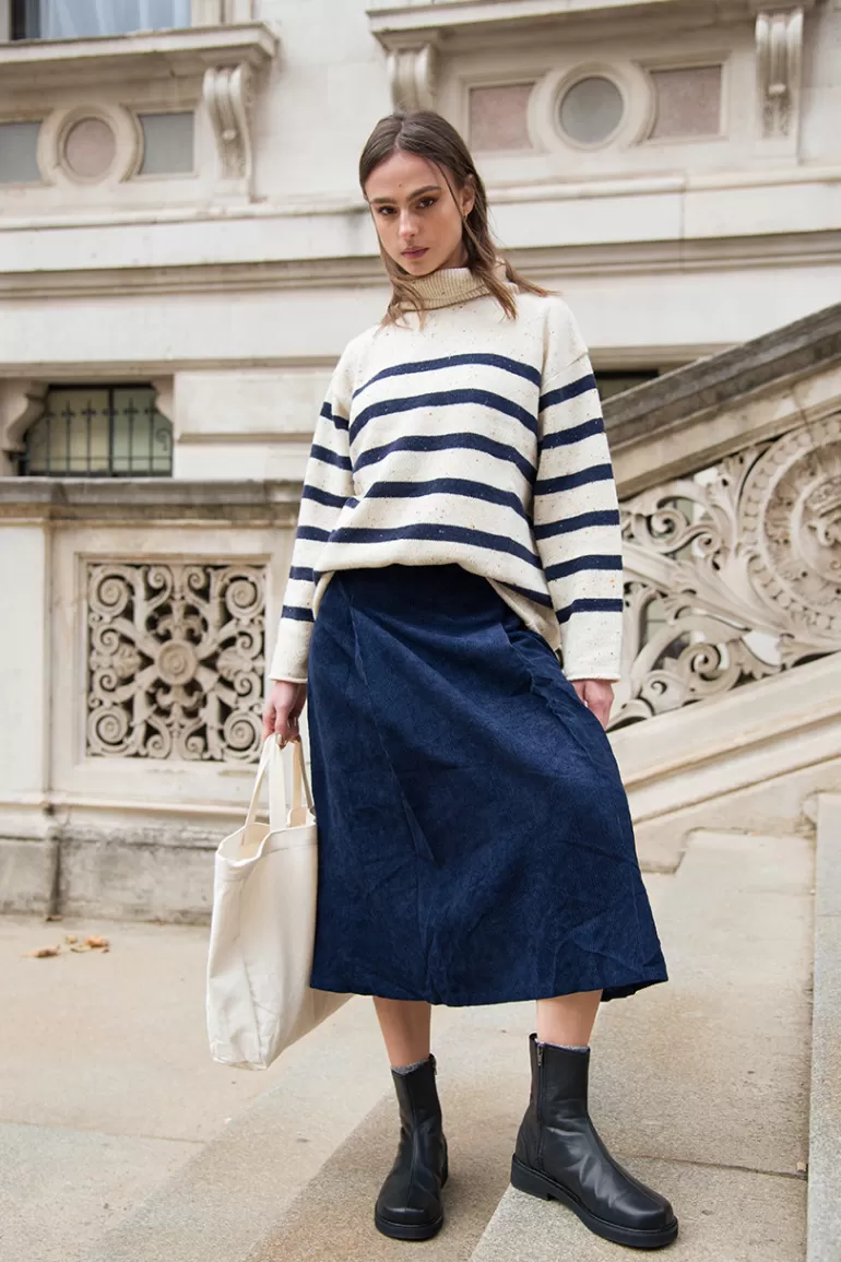 Women Olive Clothing Oversize Stripe Boucle Roll Neck Jumper, Ivory/Navy
