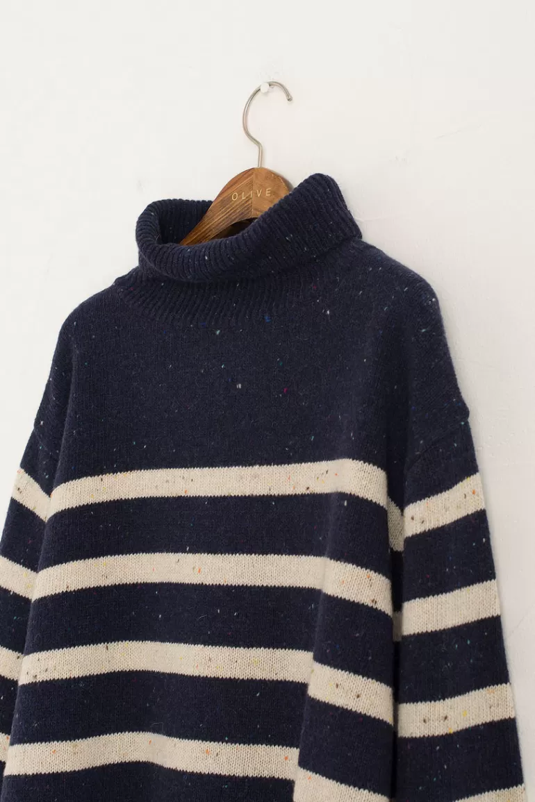 Women Olive Clothing Oversize Stripe Boucle Roll Neck Jumper, Navy/Ivory