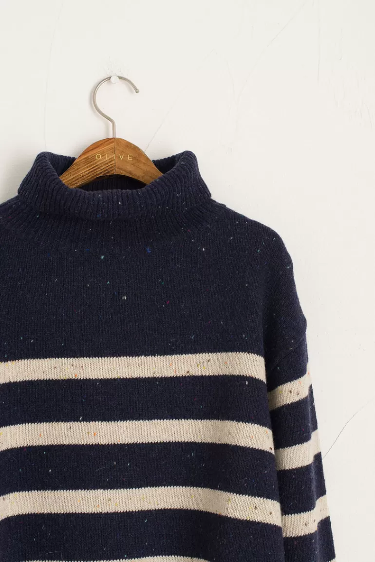 Women Olive Clothing Oversize Stripe Boucle Roll Neck Jumper, Navy/Ivory