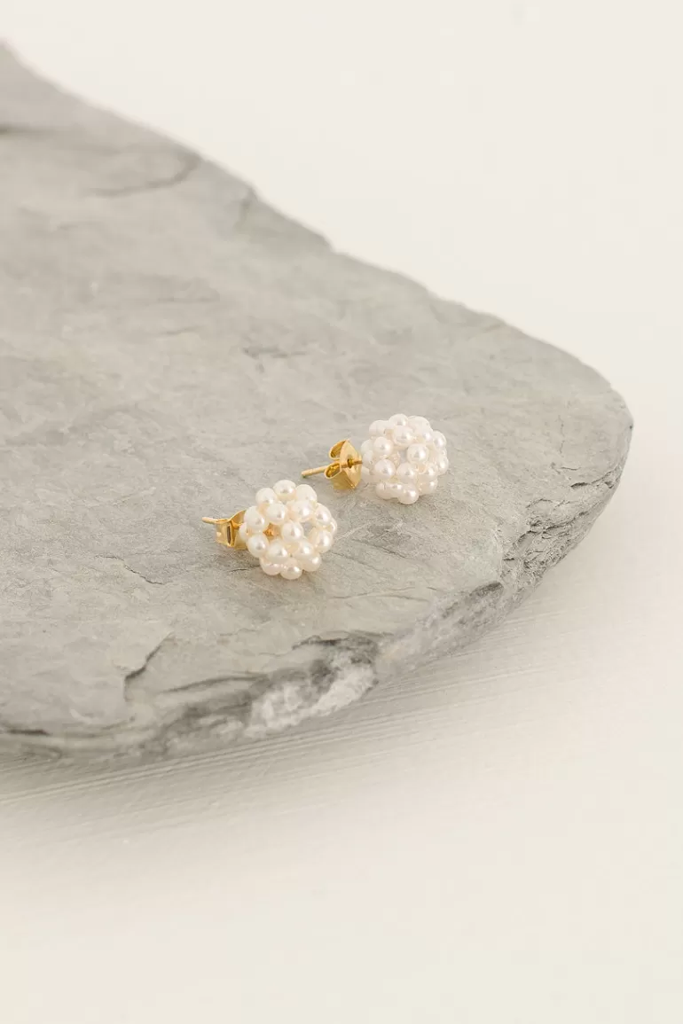 Women Olive Clothing Pearl Ball Studs, Gold Plated