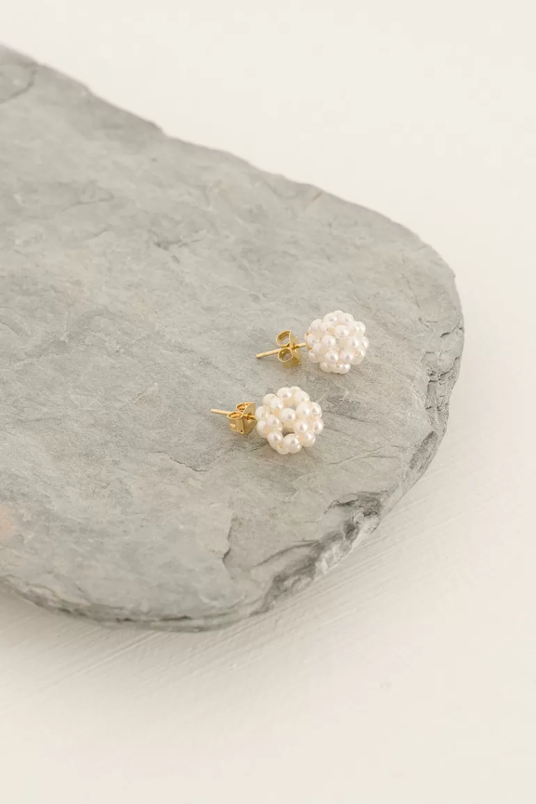 Women Olive Clothing Pearl Ball Studs, Gold Plated