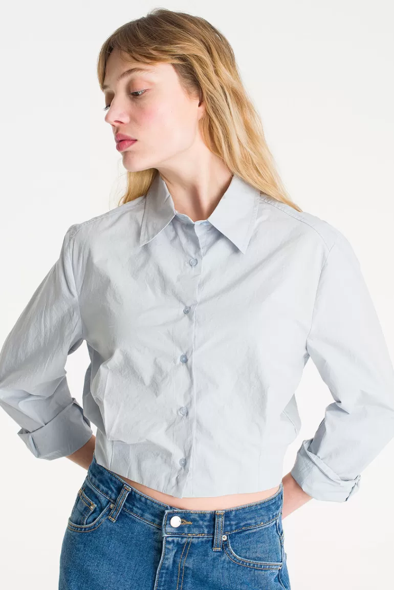 Women Olive Clothing Pin Tuck Crop Shirt, Blue
