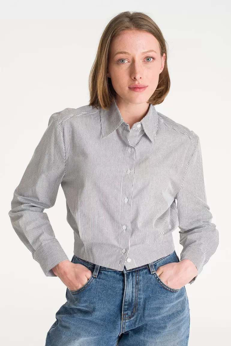 Women Olive Clothing Pin Tuck Crop Shirt, Stripe