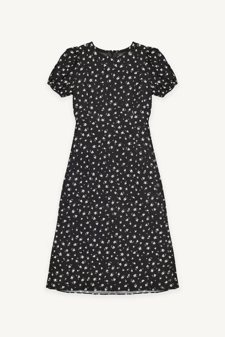 Women Olive Clothing Pin Tuck Flower Print Dress, Black