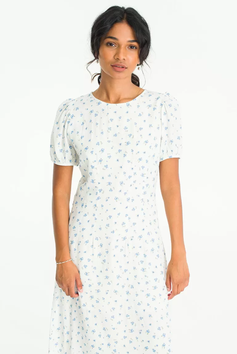 Women Olive Clothing Pin Tuck Flower Print Dress, Ivory