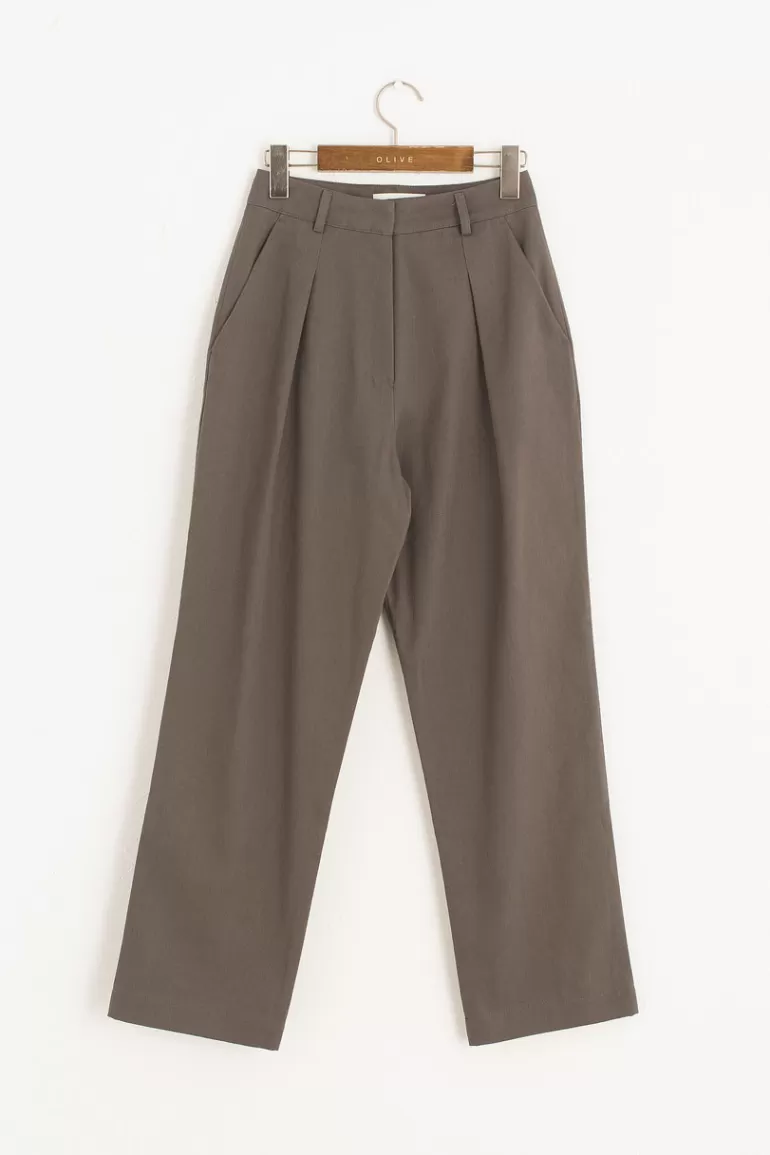 Women Olive Clothing Pleated Cotton Chino, Charcoal