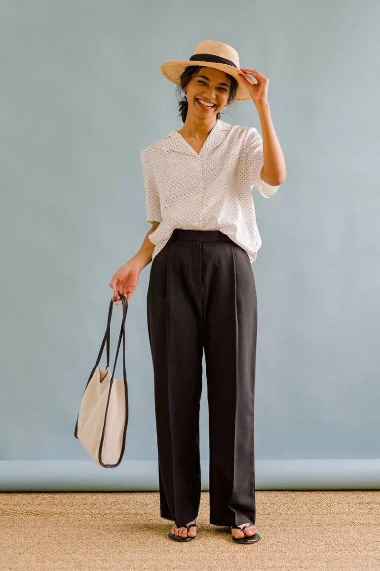 Women Olive Clothing Pleated Light Weight Pants, Black