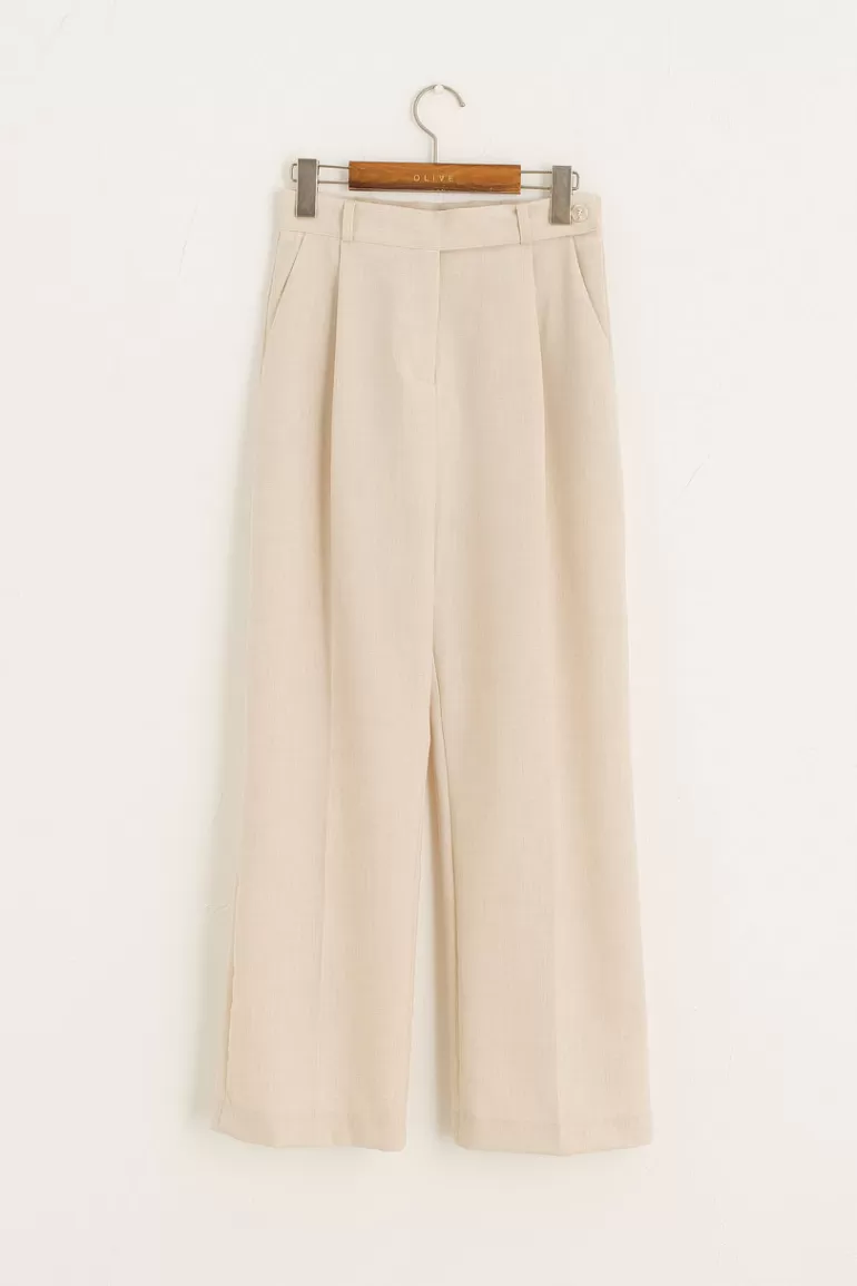Women Olive Clothing Pleated Light Weight Pants, Oat