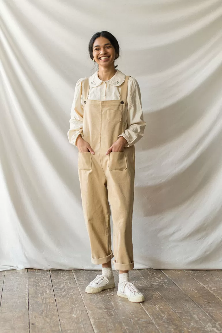 Women Olive Clothing Pocket Point Corduroy Dungarees, Beige