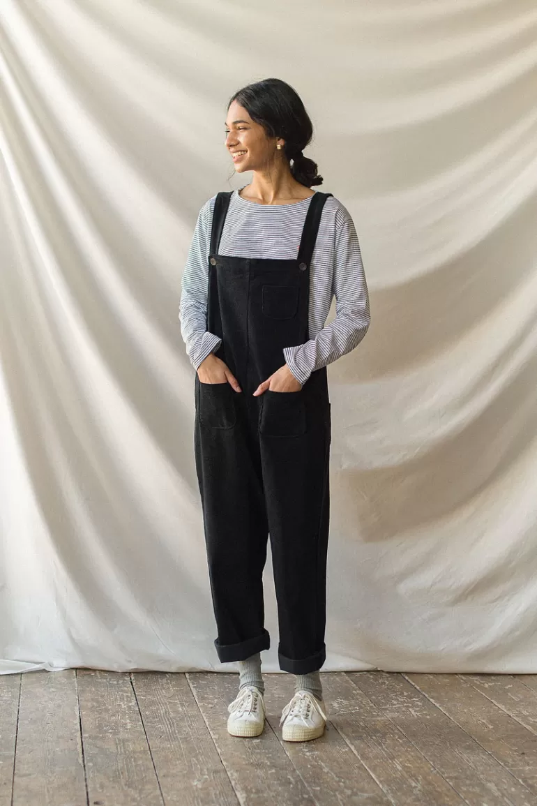 Women Olive Clothing Pocket Point Corduroy Dungarees, Black