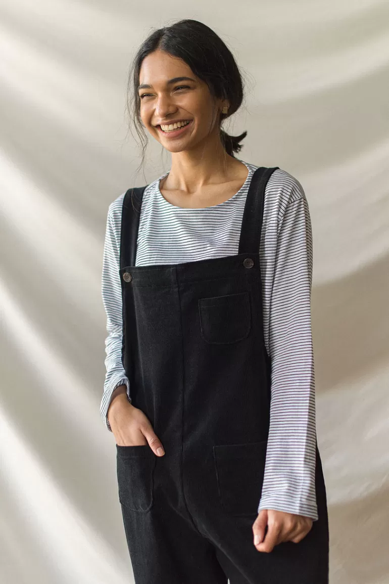 Women Olive Clothing Pocket Point Corduroy Dungarees, Black