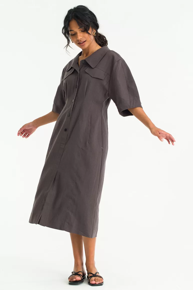 Women Olive Clothing Pointed Collar Pocket Dress, Charcoal