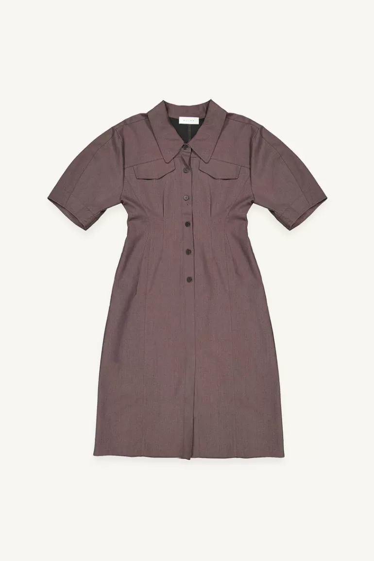 Women Olive Clothing Pointed Collar Pocket Dress, Charcoal