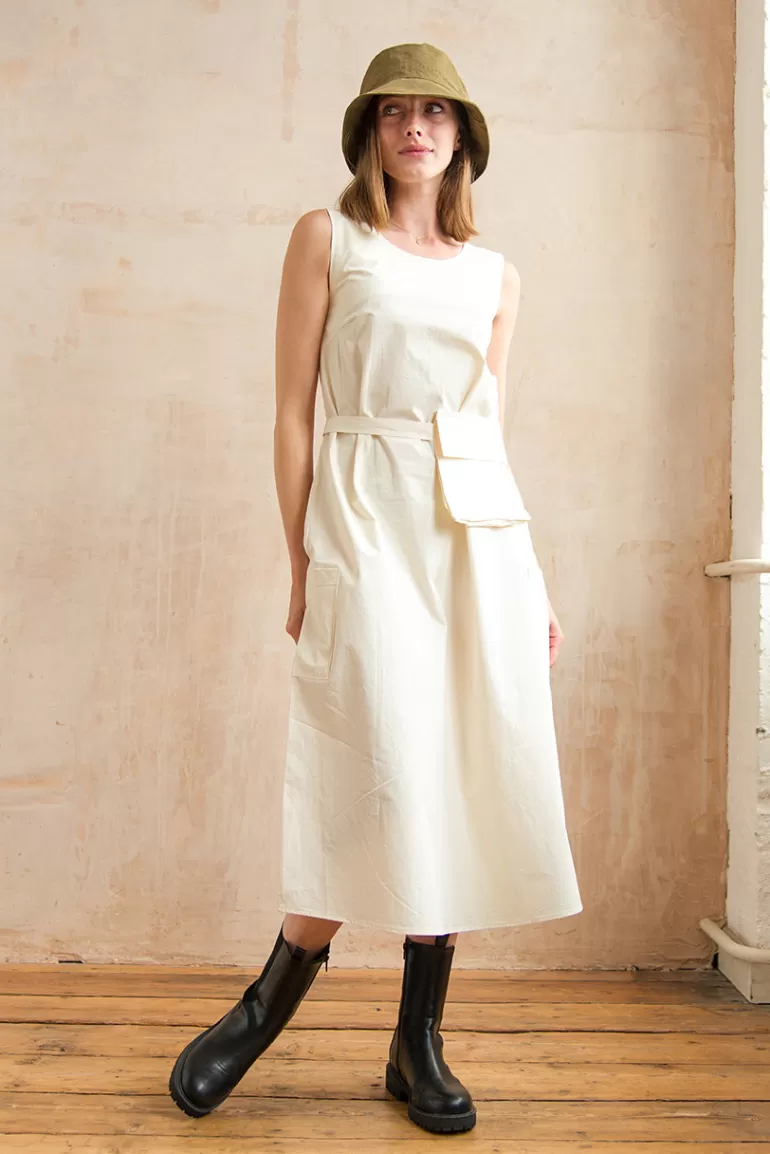 Women Olive Clothing Pouch Belted Dress, Cream