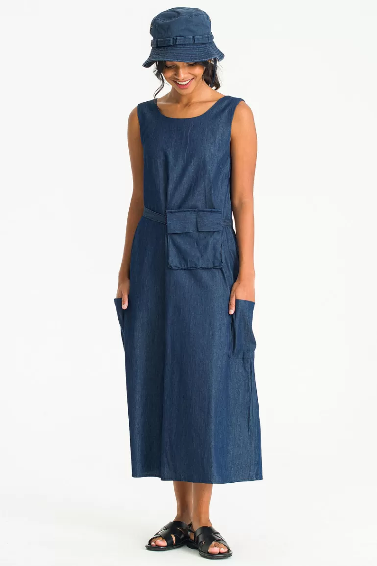 Women Olive Clothing Pouch Belted Dress, Indigo
