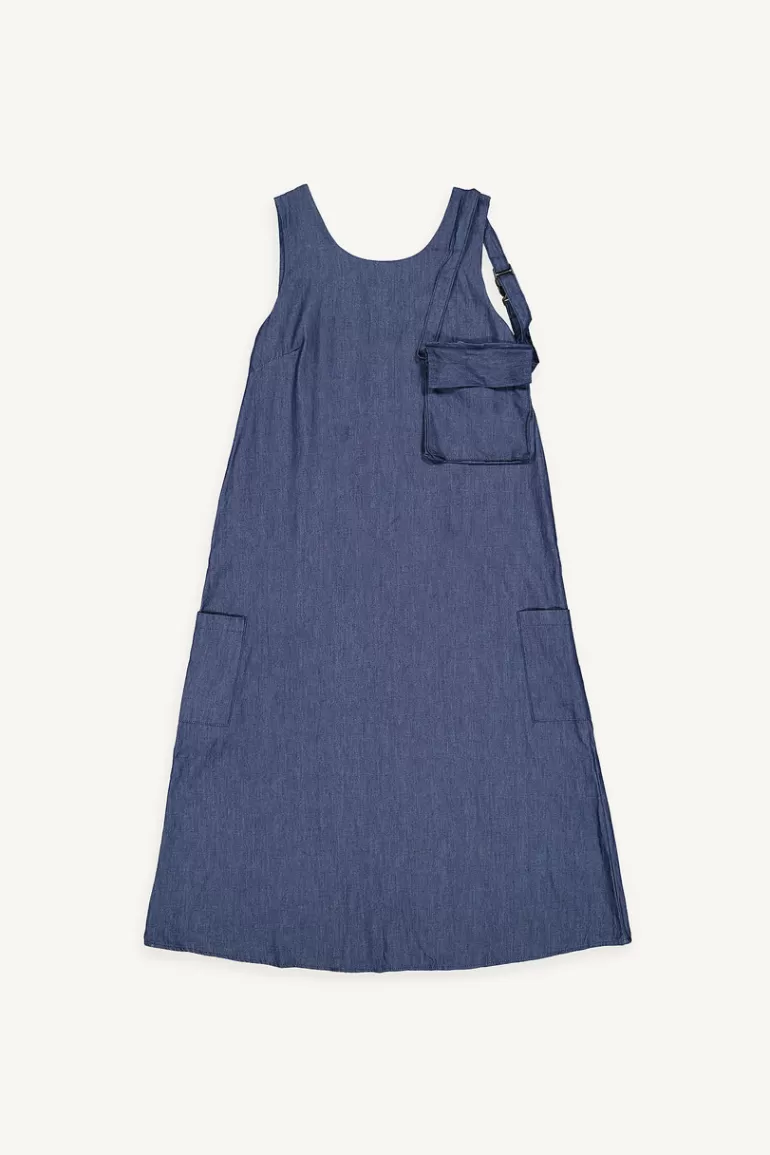 Women Olive Clothing Pouch Belted Dress, Indigo