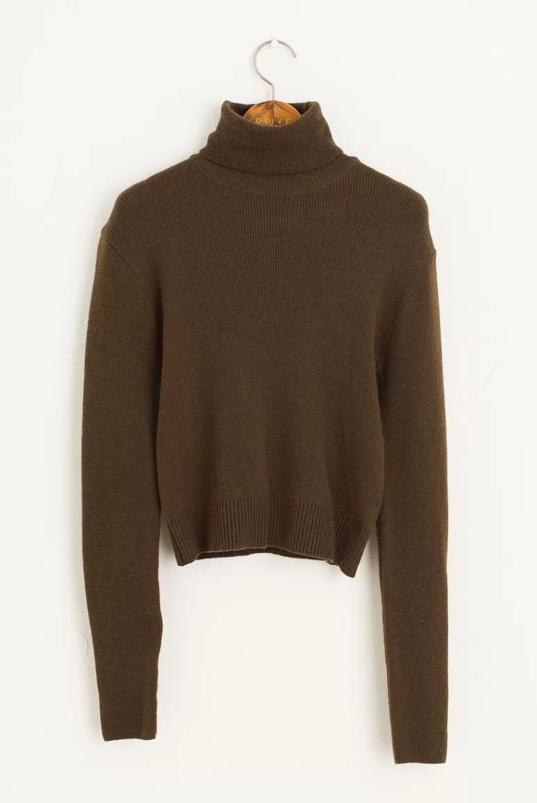 Women Olive Clothing Ribbed Crop Roll Neck Jumper, Brown