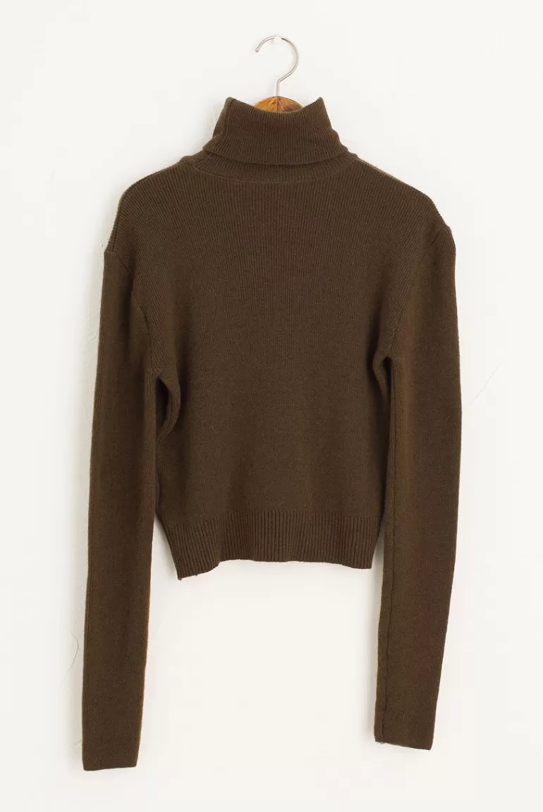 Women Olive Clothing Ribbed Crop Roll Neck Jumper, Brown