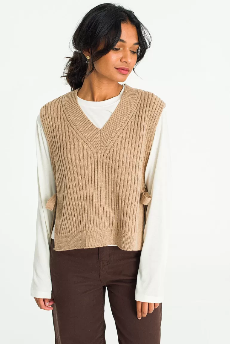 Women Olive Clothing Ribbed Ribbon Side Vest, Camel