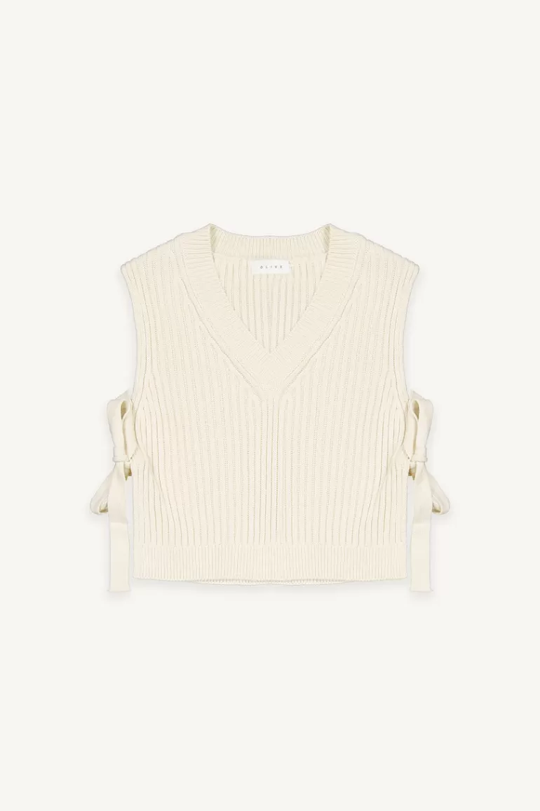 Women Olive Clothing Ribbed Ribbon Side Vest, Ivory