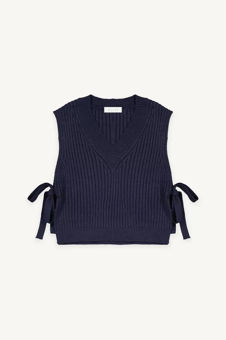 Women Olive Clothing Ribbed Ribbon Side Vest, Navy