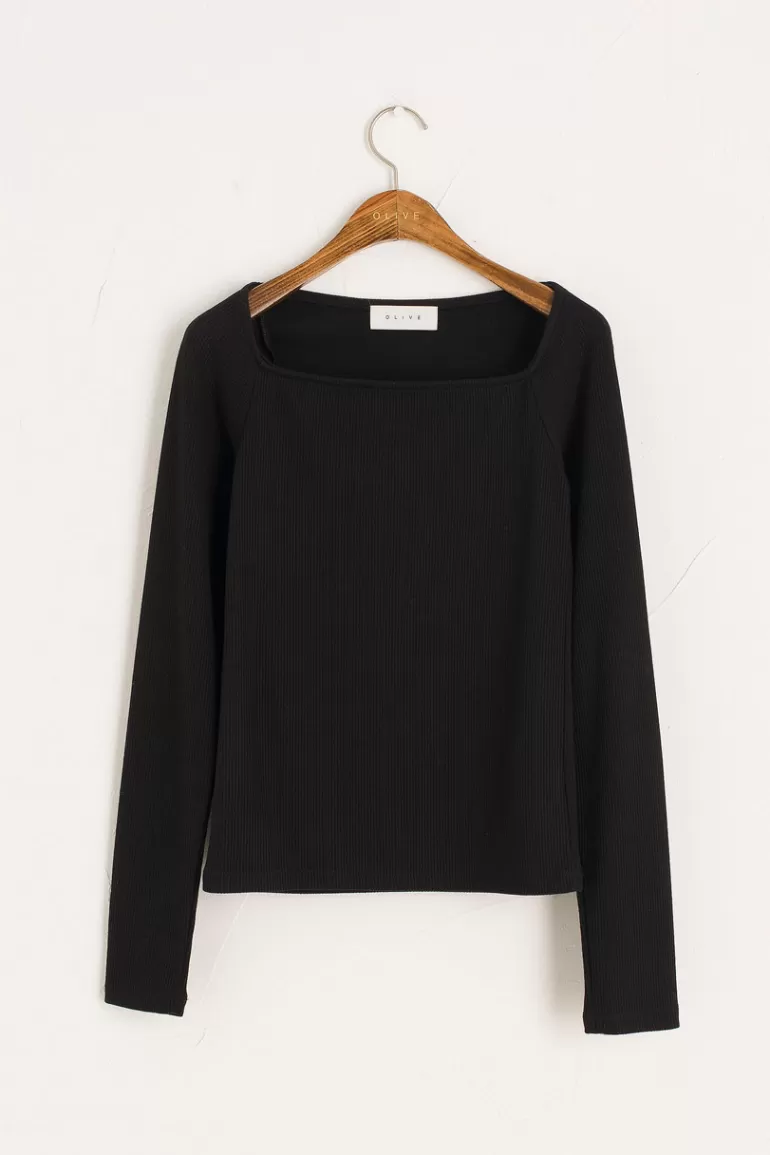 Women Olive Clothing Ribbed Square Neck Tee, Black
