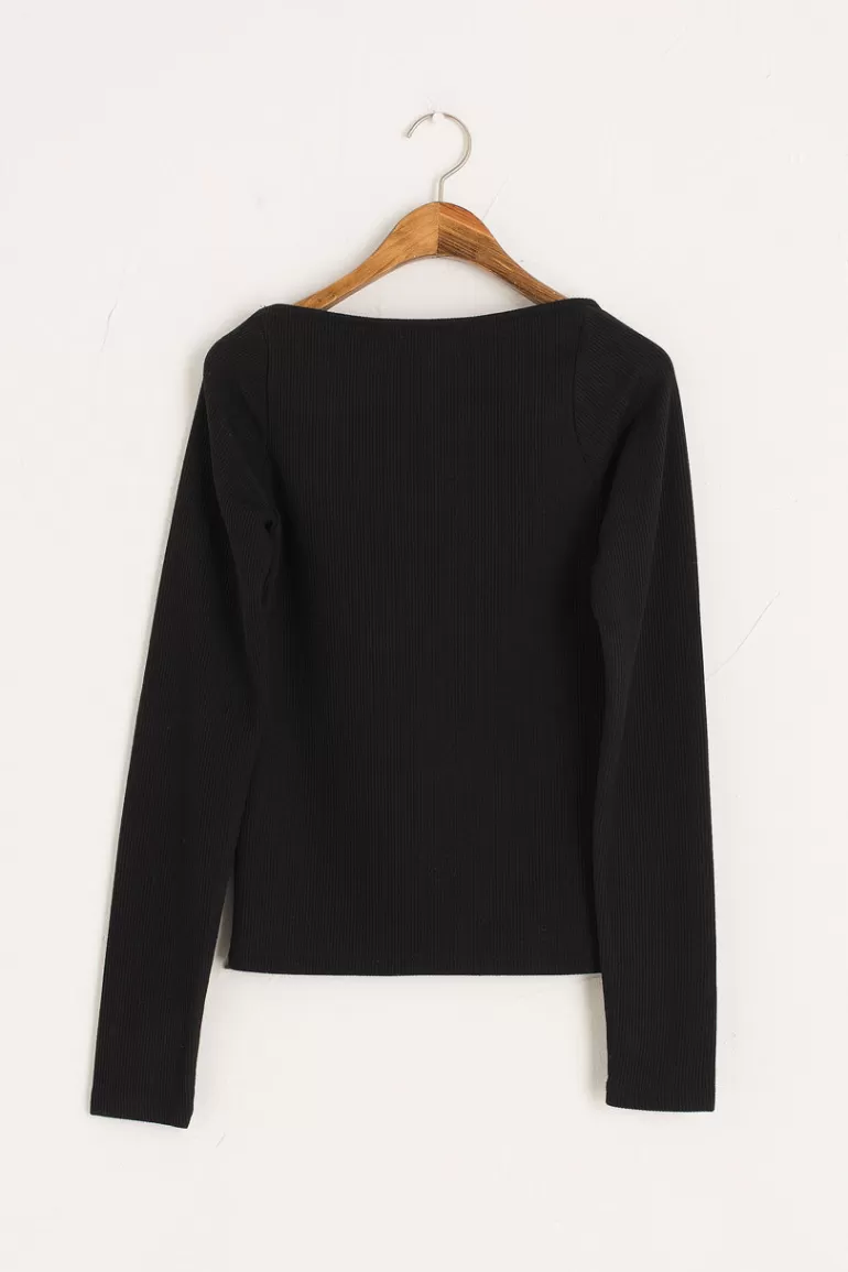 Women Olive Clothing Ribbed Square Neck Tee, Black