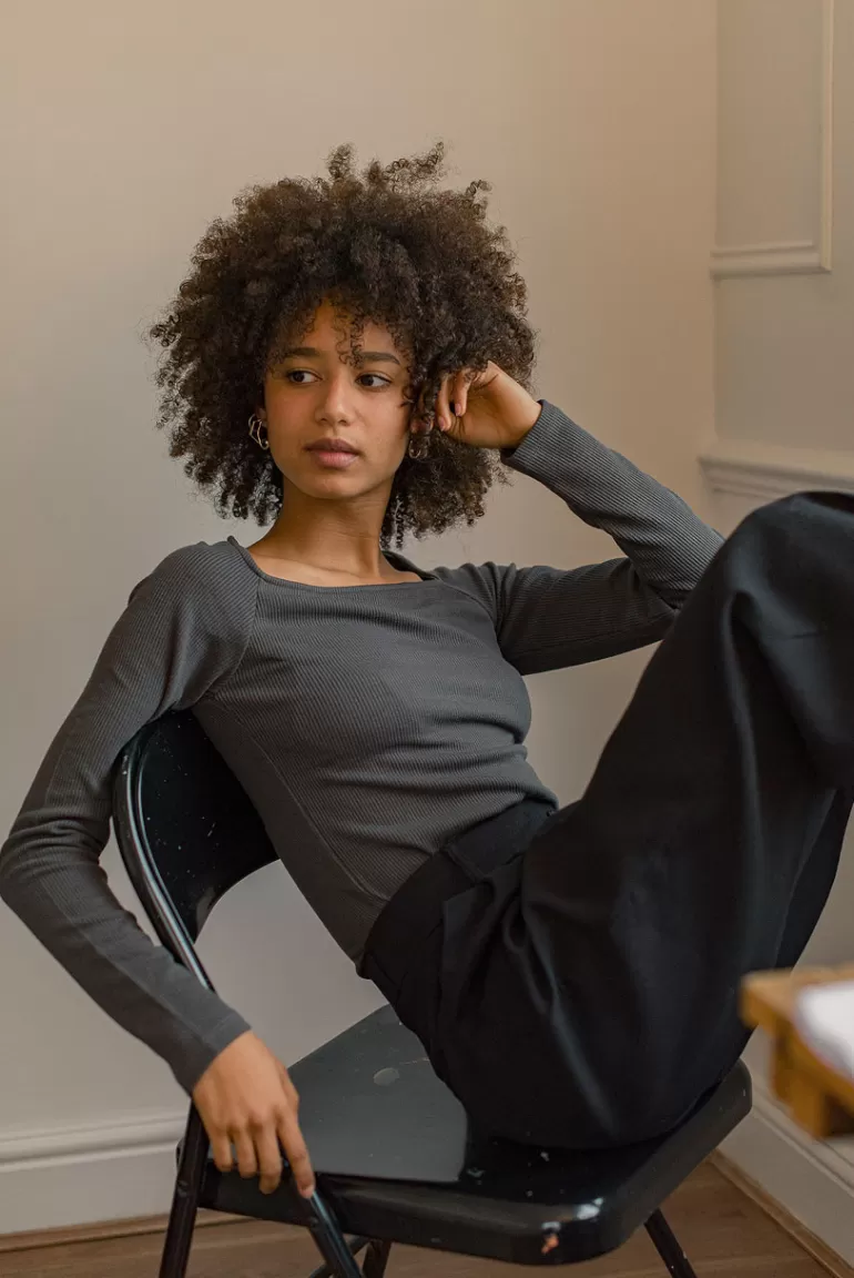 Women Olive Clothing Ribbed Square Neck Tee, Dark Grey