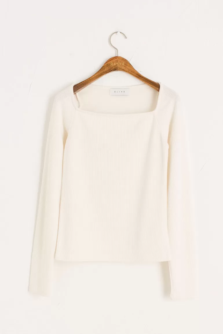 Women Olive Clothing Ribbed Square Neck Tee, Ivory