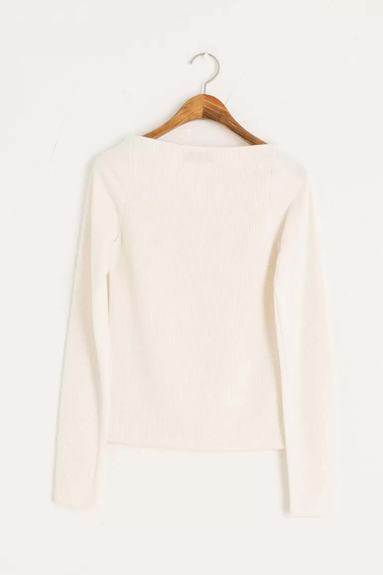 Women Olive Clothing Ribbed Square Neck Tee, Ivory