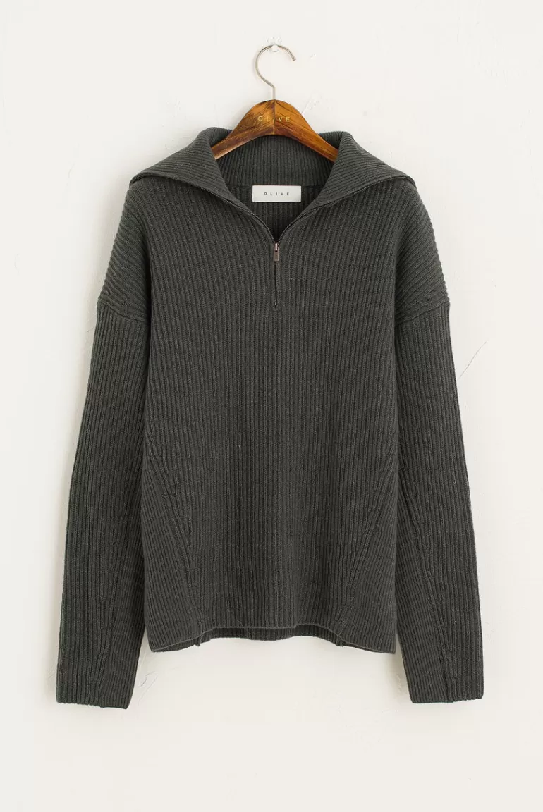 Women Olive Clothing Ribbed Zip Jumper, Green