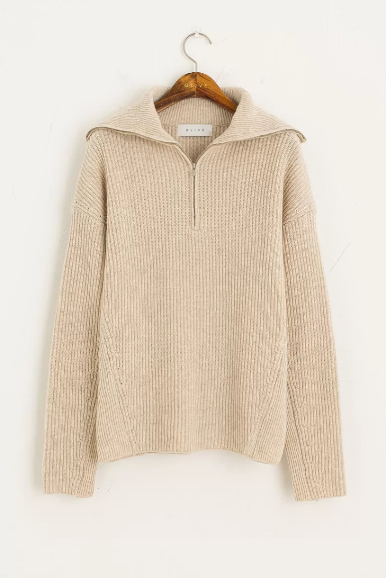 Women Olive Clothing Ribbed Zip Jumper, Oat