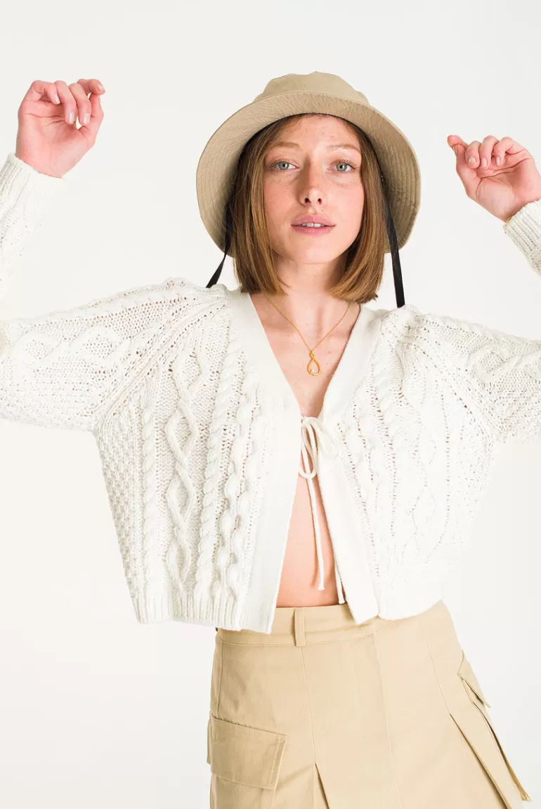 Women Olive Clothing Ribbon Cable Cardigan, Ivory
