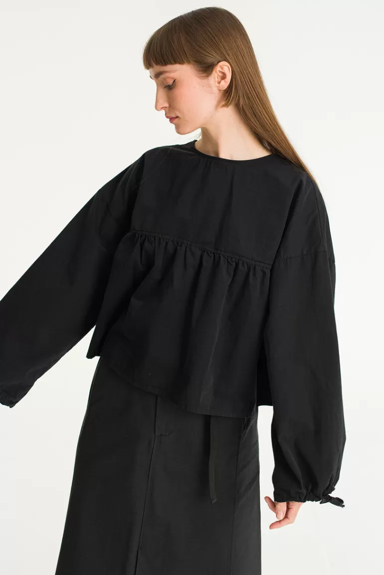 Women Olive Clothing Ribbon Sleeve Balloon Blouse, Black