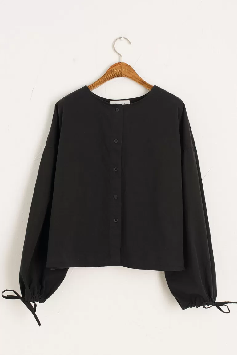 Women Olive Clothing Ribbon Sleeve Balloon Blouse, Black