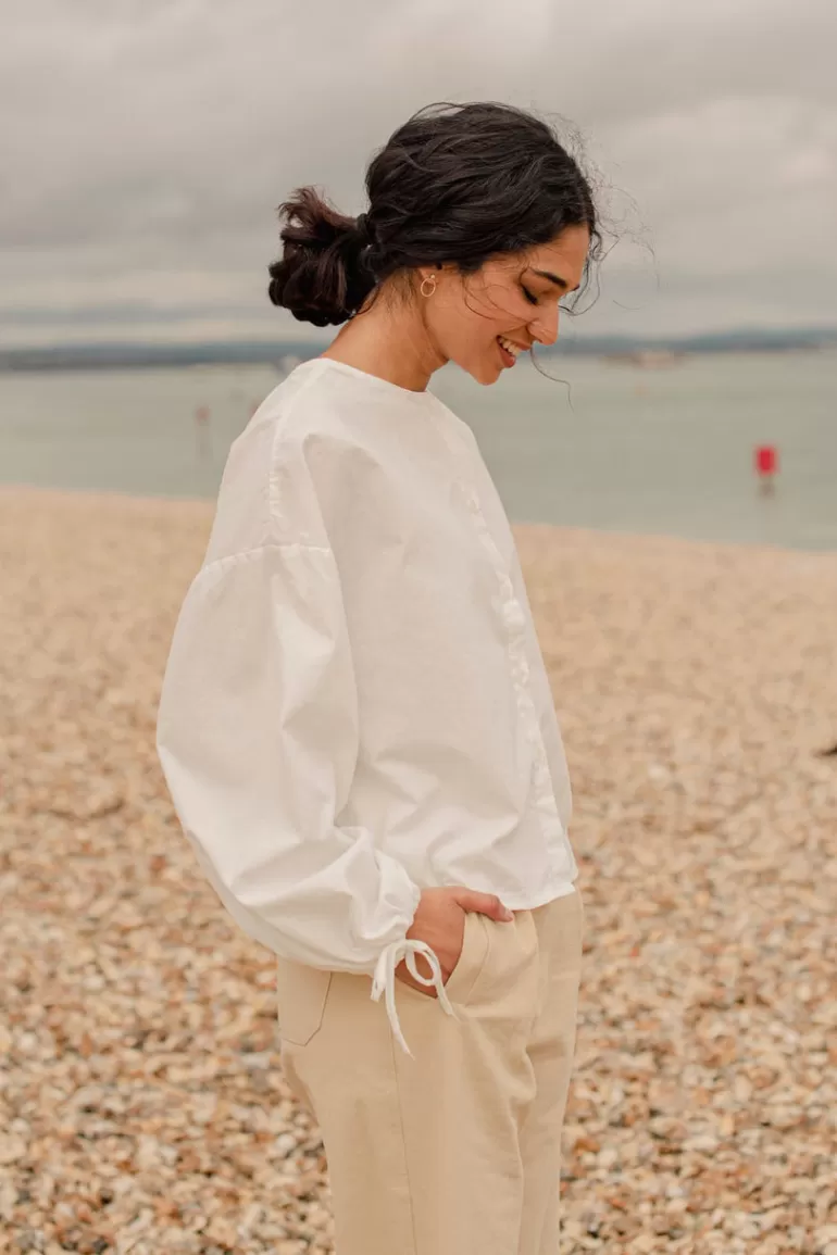 Women Olive Clothing Ribbon Sleeve Balloon Blouse, Ivory