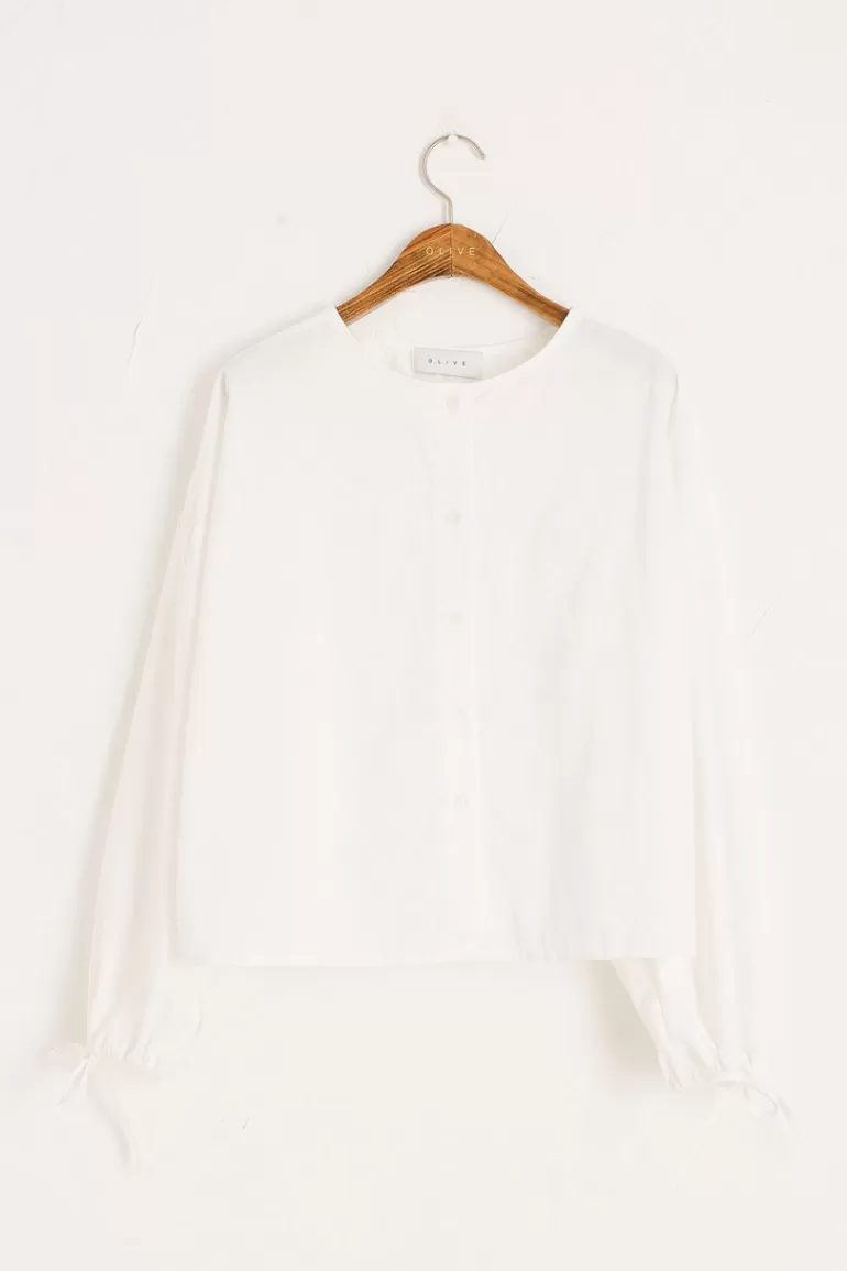 Women Olive Clothing Ribbon Sleeve Balloon Blouse, Ivory