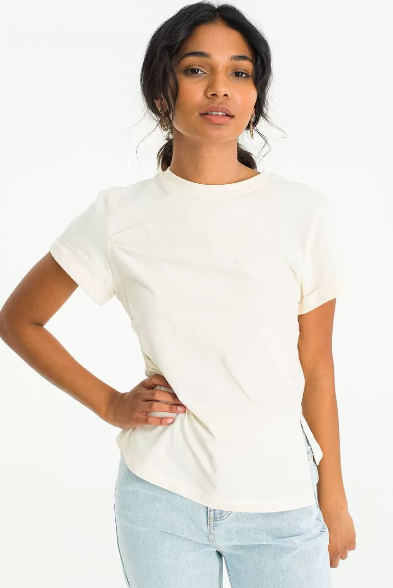 Women Olive Clothing Roll Up Crop Tee, Beige